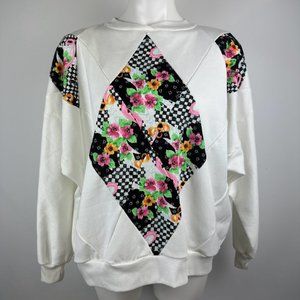 Vintage Handmade Neon Graphic Floral Quilt Block Grandma Sweater